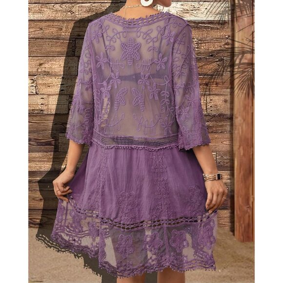 🆕Women Purple Lace Swimwear Cover Up V Neck Beach Dress Vacation Outfit - Picture 5 of 6